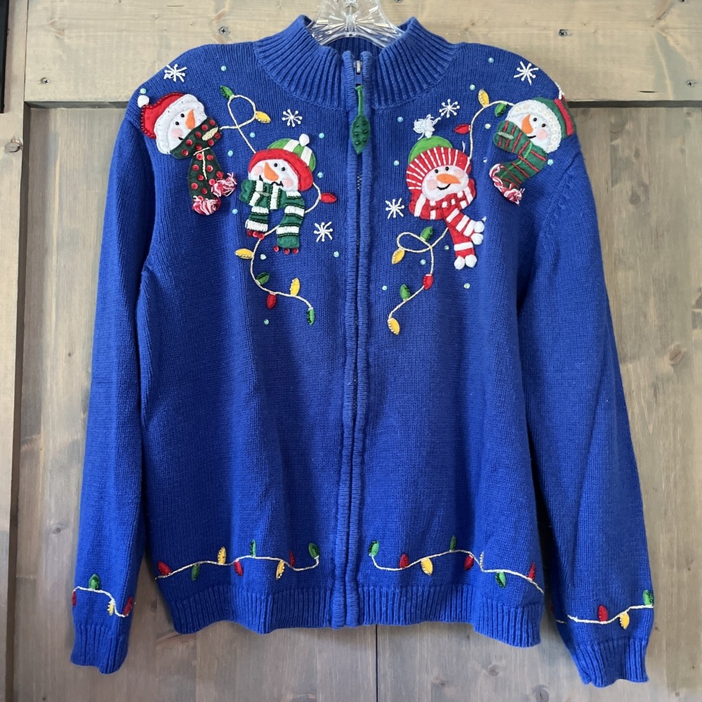 Vintage 90s Tiara International Christmas Sweater Large Full Zip Blue Snowman